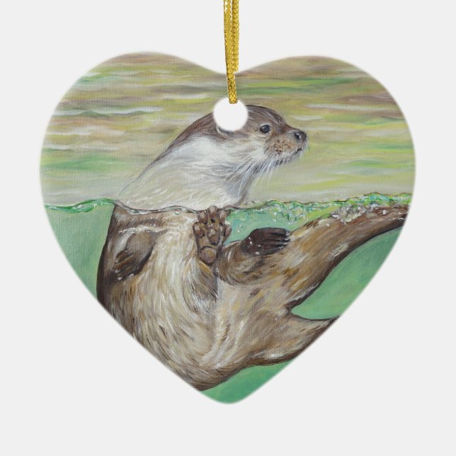 Playful River Otter Painting Ceramic Ornament (Front)
