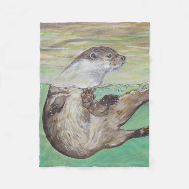 Playful River Otter Painting Fleece Blanket (Front)