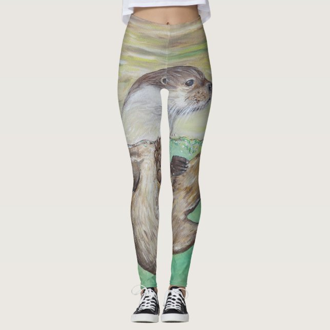 Playful River Otter Painting Leggings (Front)