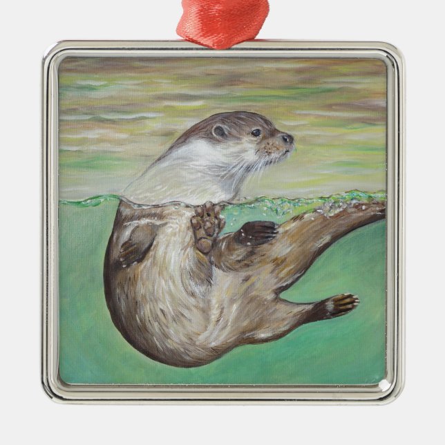Playful River Otter Painting Metal Ornament (Front)