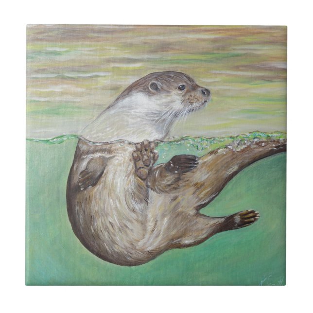 Playful River Otter Painting Tile (Front)
