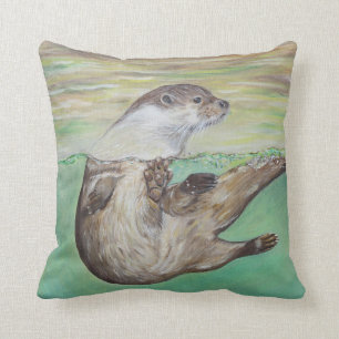 Playful River Otter Throw Pillow