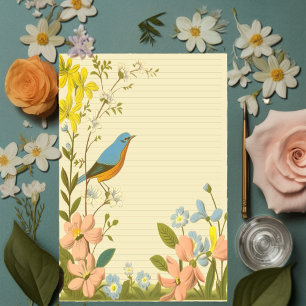 Playful Robin: Vintage Whimsical Flower Notepad