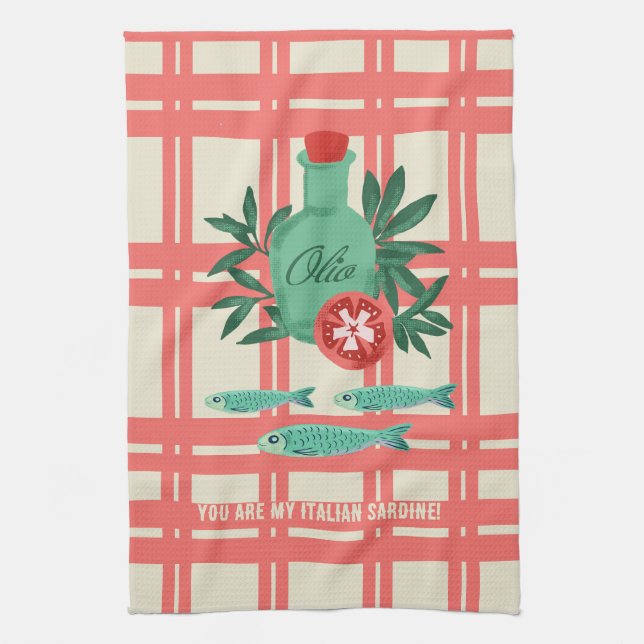 Playful Sardines Olive Oil Coral Kitchen Design Towel (Vertical)