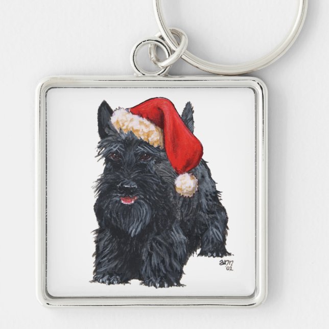 Playful Scottish Terrier Santa Keychain (Front)