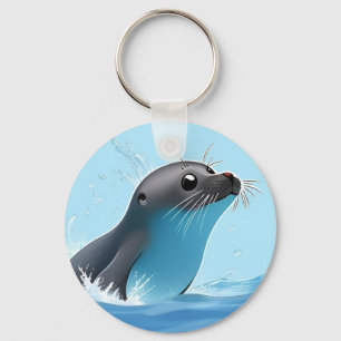 Playful Seal Leaping Through Ocean Keychain