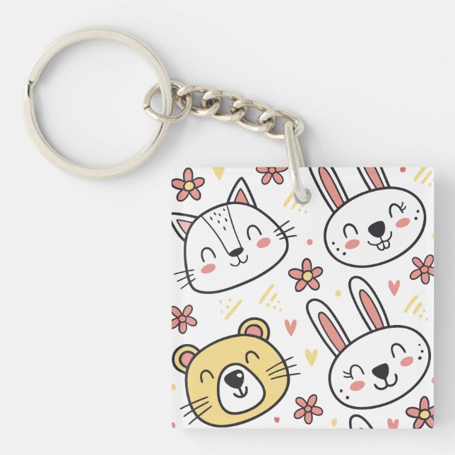 Playful Seamless Pattern with Cute Cartoon Animals Keychain (Front)