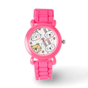 Playful Seamless Pattern with Cute Cartoon Animals Watch
