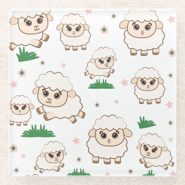 Playful Sheep Pattern Glass Coaster (Front)