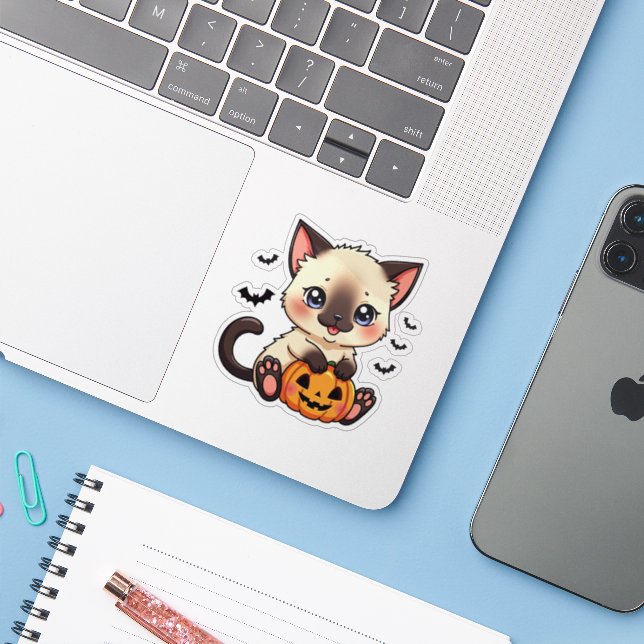 Playful Siamese Kitten – Cute Halloween Sticker (Laptop w/ iPhone)