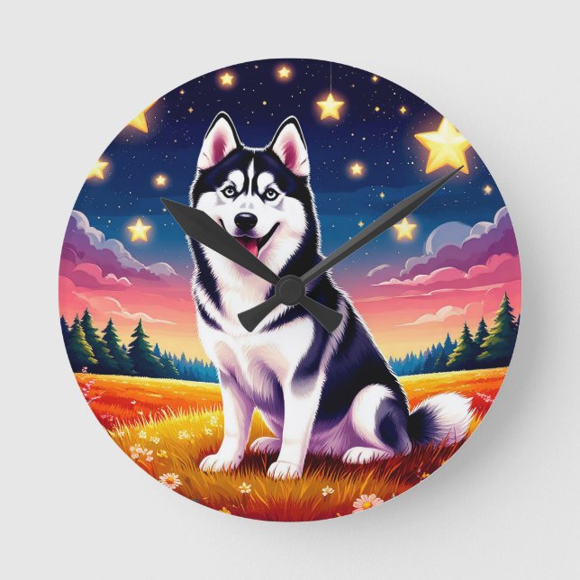 Playful Siberian Husky Round Clock (Front)
