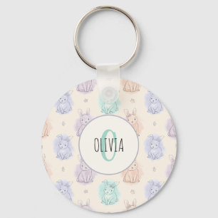 Playful Sketch Bunnies Monogram Keychain