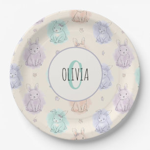 Playful Sketch Bunnies Monogram Paper Plate