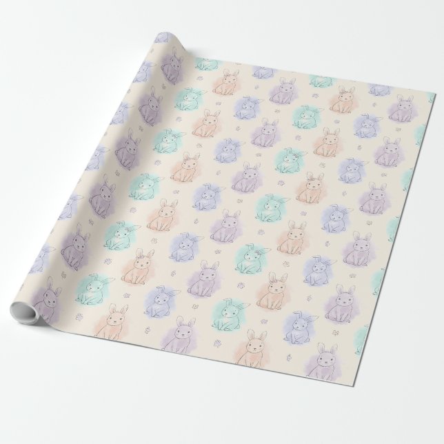 Playful Sketch Bunnies Monogram Wrapping Paper (Unrolled)