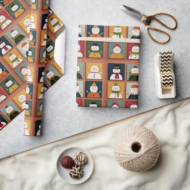 Playful Snowman Grid on Snowy Texture Wrapping Paper (Crafts)