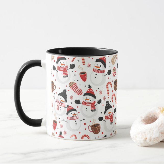 Playful Snowmen Christmas Pattern Mug (With Donut)