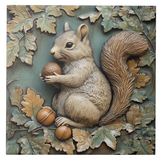 Playful Squirrel with Acorn Faux Relief Tile (Front)
