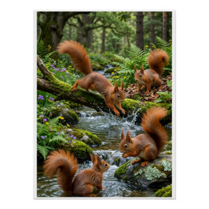 Playful Squirrels Forest River Woodland Nature Fle Poster