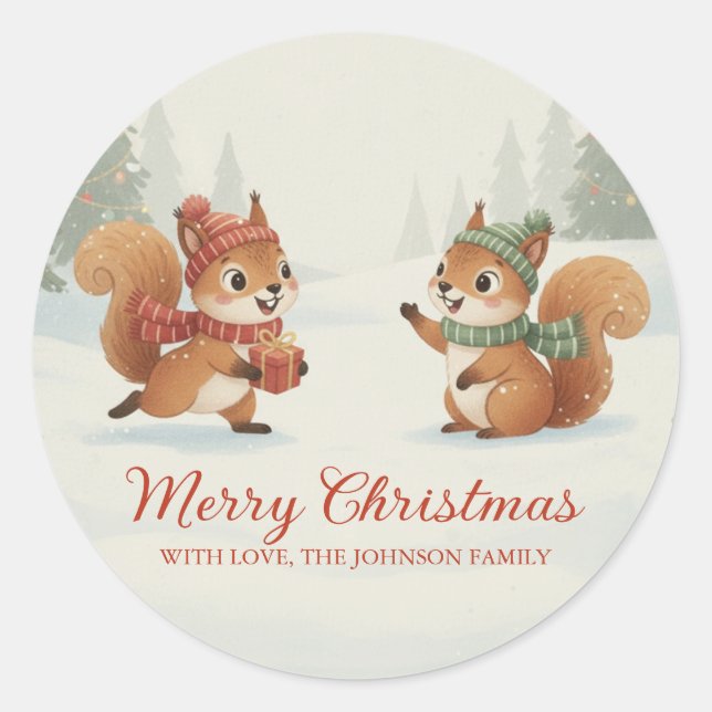Playful Squirrels in Christmas Winter Forest Classic Round Sticker (Front)