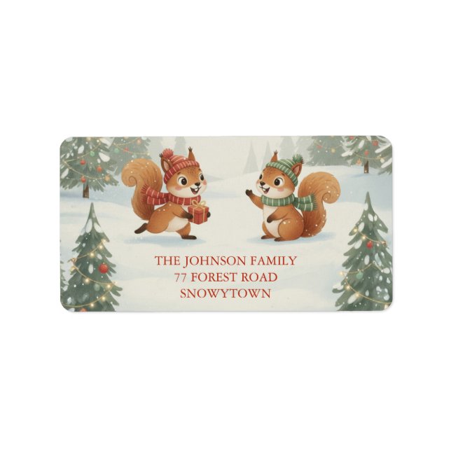 Playful Squirrels in Christmas Winter Forest Label (Front)