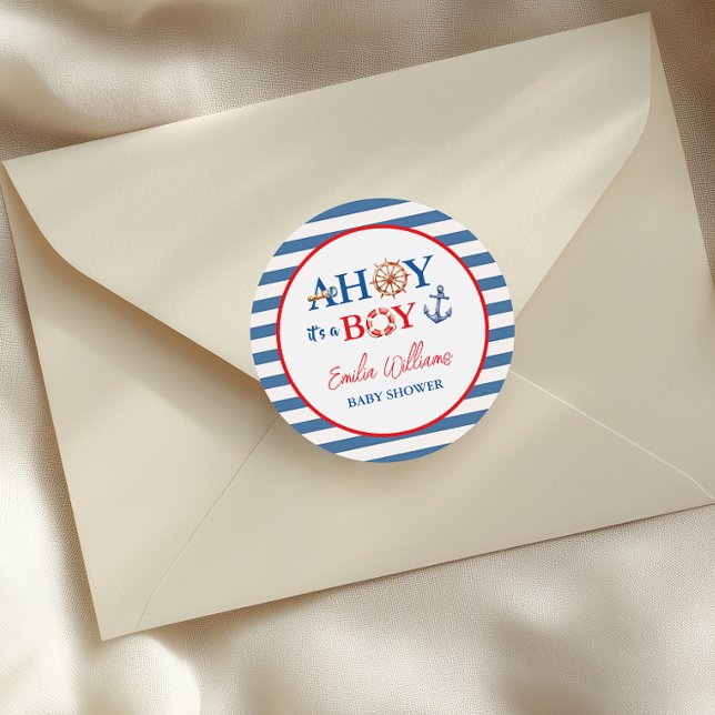 Playful Striped Blue Red Nautical Ahoy Boy Classic Round Sticker (Creator Uploaded)