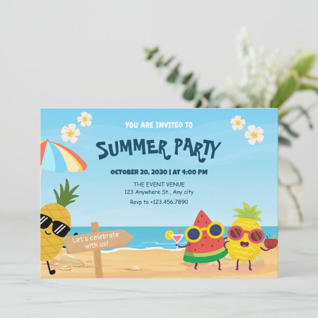Playful summer beach cartoon fruit  invitation (Standing Front)