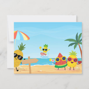 Playful summer beach funny cartoon fruit postcard