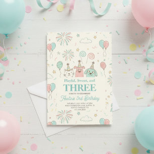 Playful Sweet and Three Kids Birthday Invitation