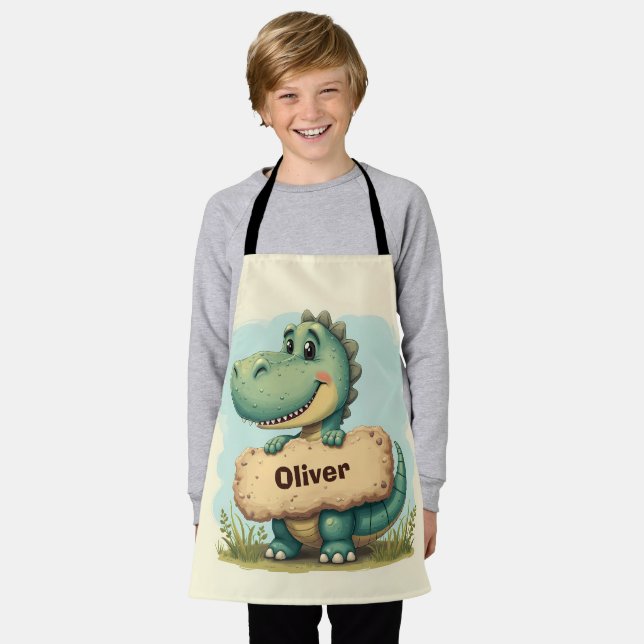  Playful T-Rex with Stone Name Sign Apron (Worn)