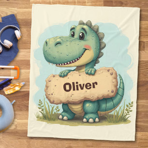 Playful T-Rex with Stone Name Sign Fleece Blanket