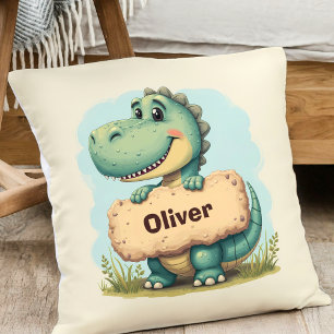 Playful T-Rex with Stone Name Sign Throw Pillow