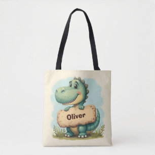 Playful T-Rex with Stone Name Sign Tote Bag