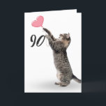 playful tabby cat for 90th birthday card<br><div class="desc">Grey tabby cat with pink heart balloon for 90th birthday on white background.
Background colour can be changed</div>