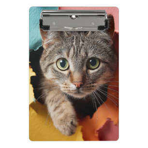 Playful Tabby Cat Peeking Through Torn Paper Mini Clipboard