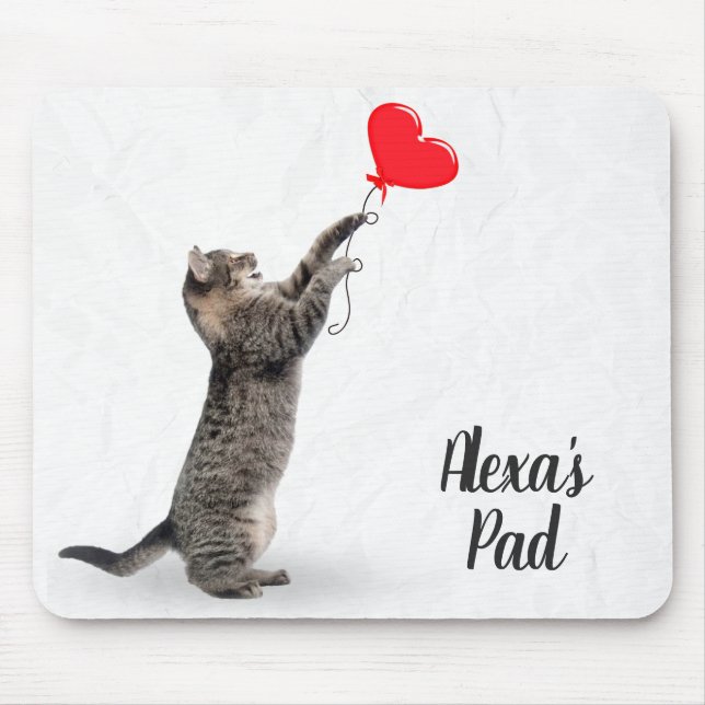 playful tabby cat with heart balloon mouse pad (Front)
