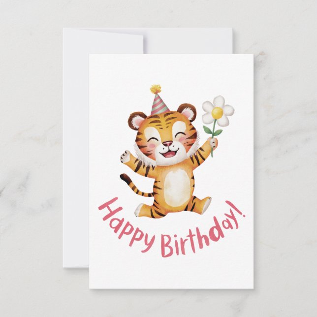 Playful Tiger Birthday Design with Daisy Thank You Card (Front)