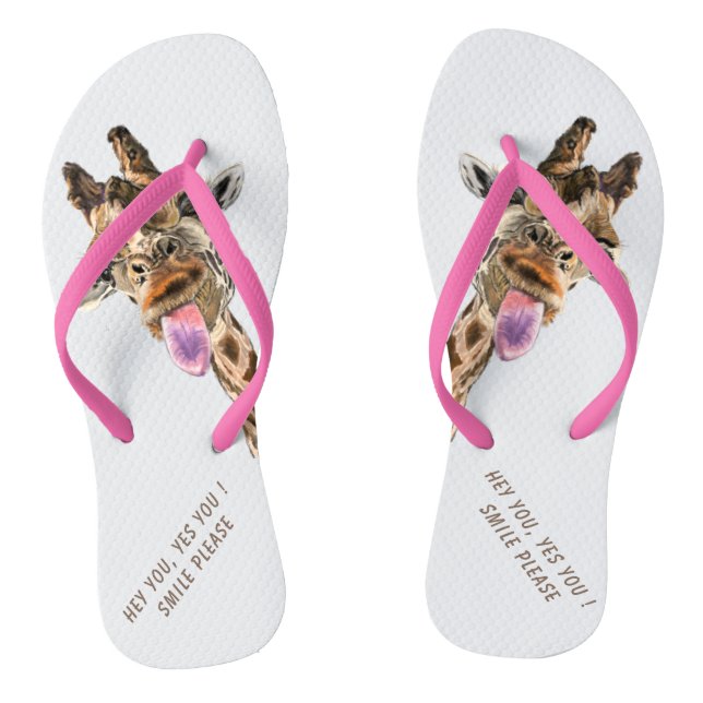 Playful Tongue Out Giraffe Flip Flops Fun Smile (Footbed)