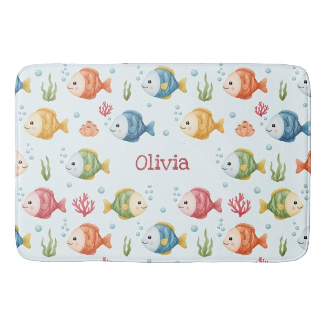 Playful Tropical Fish Pattern Personalized Bath Mat (Front)