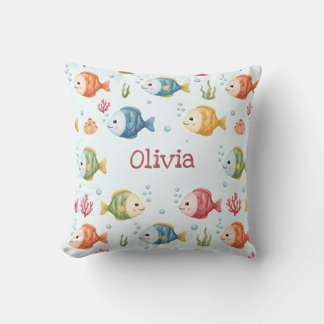 Playful Tropical Fish Pattern Personalized Throw Pillow (Front)
