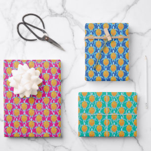 Playful Tropical Sea Turtle Pink Blue and Green Wrapping Paper Sheet