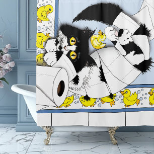 Playful Tuxedo Cat Toilet Paper Chaos Blue Yellow