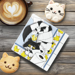 Playful Tuxedo Cat Toilet Paper Chaos Blue Yellow Glass Coaster