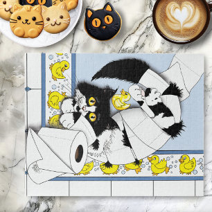 Playful Tuxedo Cat Toilet Paper Chaos Blue Yellow Jigsaw Puzzle
