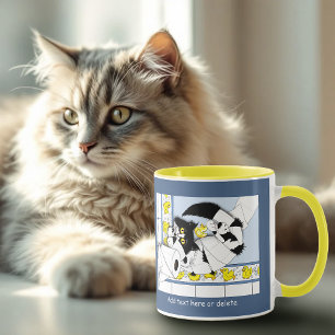 Playful Tuxedo Cat Toilet Paper Chaos Blue Yellow Mug