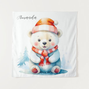 Playful Watercolor Christmas Polar Bear Tapestry