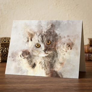 Playful Watercolor Kitten with Bright Amber Eyes Thank You Card