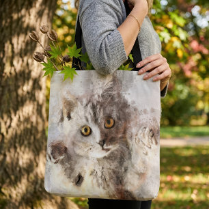 Playful Watercolor Kitten with Bright Amber Eyes Tote Bag