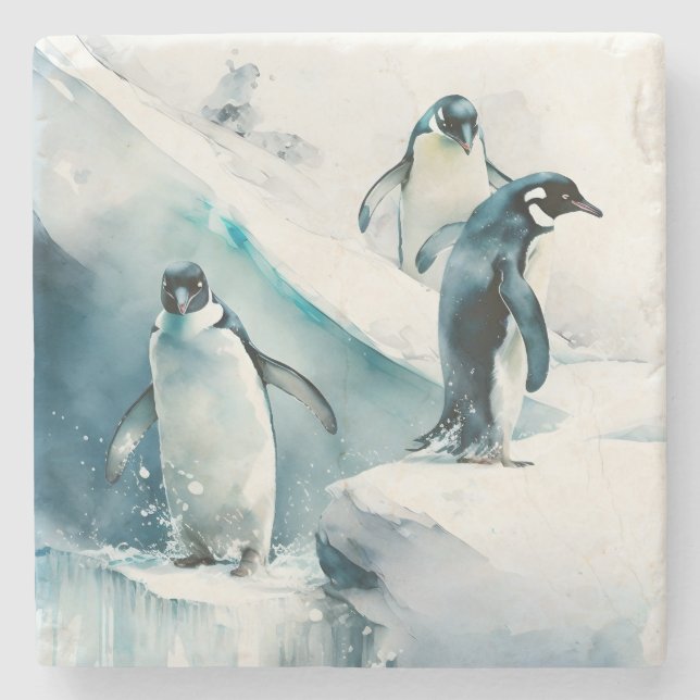 Playful Watercolor Penguins Stone Coaster (Front)