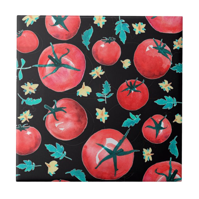 Playful Watercolor Red Tomatoes Pattern on black Tile (Front)