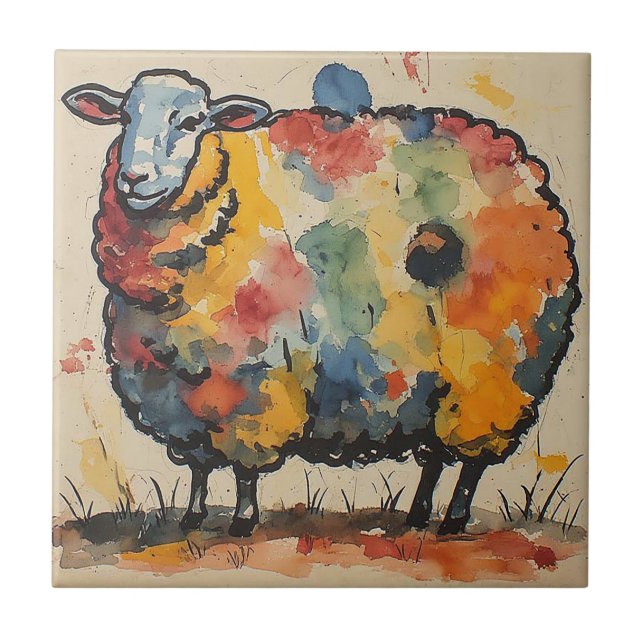 Playful Watercolor Sheep Painting Tile (Front)
